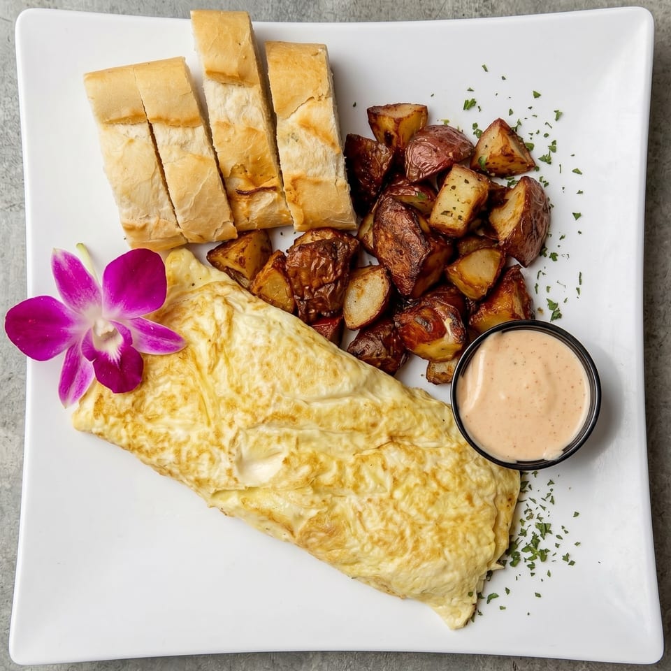 A breakfast plate with a folded omelet, roasted potatoes, sliced baguette, sauce, and an orchid.
