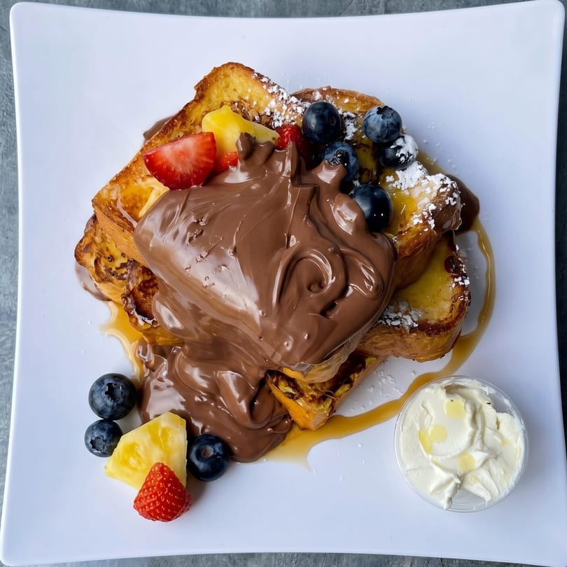 French toast with chocolate hazelnut spread, powdered sugar, blueberries, strawberries, pineapple, and syrup.
